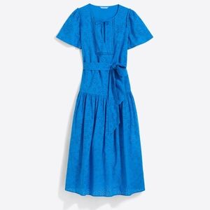 Draper James Eyelet Midi Dress Blue Cotton Lined Belted XL Cottagecore